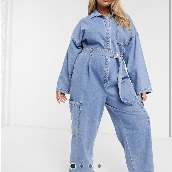 ASOS Curve Pants - ASOS DESIGN Curve denim boilersuit with utility
pocket in light wash blue
